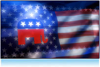 Royalty free looping 3D animation clip of the American flag with the Republican logo.